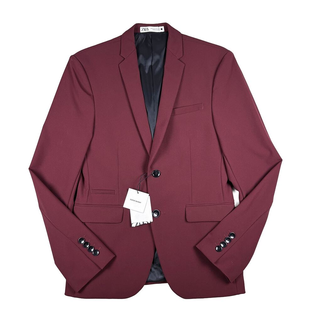 Zara Mens 36 Super Skinny Blazer NWT Burgundy Red 4 Way Stretch Slim Modern Fit